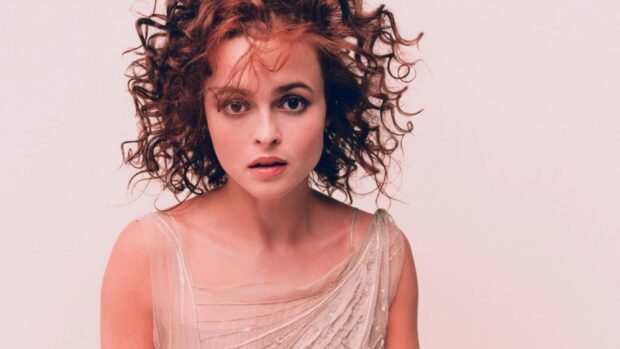 Helena Bonham Carter looks surprised with curly hair and a nude dress, HD Desktop Wallpaper