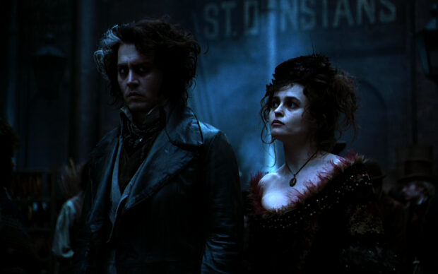 Helena Bonham Carter stands beside a dark clad man in a dimly lit scene, HD Desktop Wallpaper