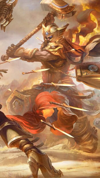 A warrior in golden armor fights fiercely with magic and weapons in the storm, HD Mobile Wallpaper