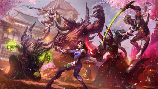 Heroes Of The Storm features diverse heroes fighting in a vibrant setting, 4K Desktop Wallpaper