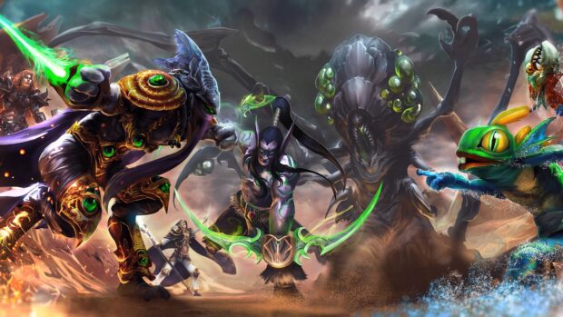A battle scene from Heroes Of The Storm shows various characters in action, 4K Desktop Wallpaper