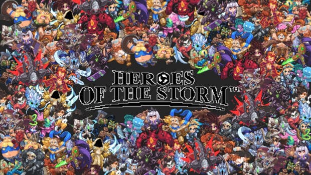 The image shows various Heroes Of The Storm characters in pixel art style arranged around the game title, HD Desktop Wallpaper
