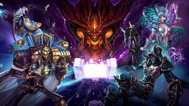 The image shows iconic heroes from Heroes Of The Storm in a vivid and intense battle scene, HD Desktop Wallpaper