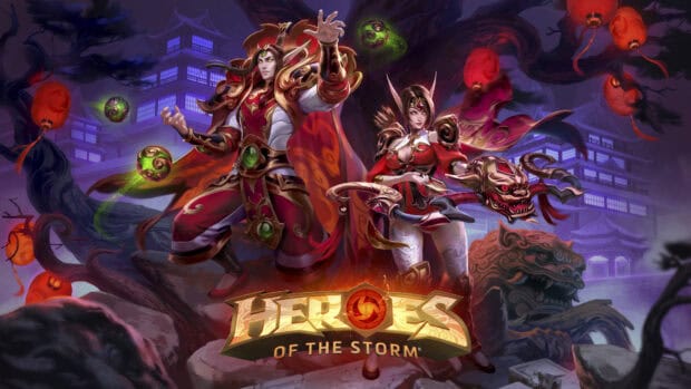 A magical duel scene from Heroes Of The Storm with two characters in ornate armor, HD Desktop Wallpaper