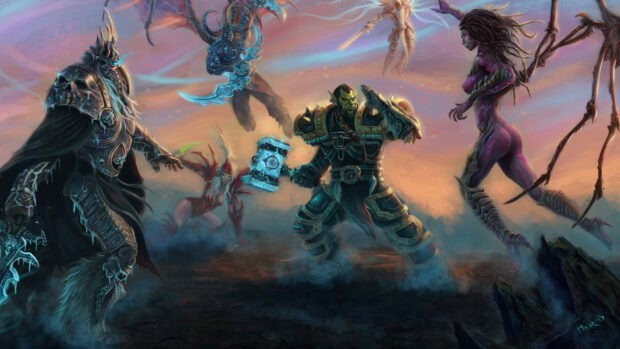 A group of Heroes of the Storm characters facing off in an epic battle, HD Desktop Wallpaper
