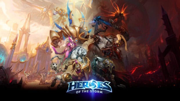Heroes of the Storm characters in an epic battle scene with light and dark elements, HD Desktop Wallpaper