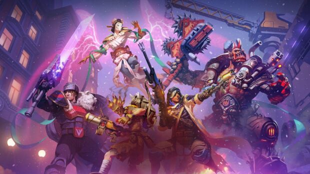 Five diverse heroes battling together in a fantasy city, HD Desktop Wallpaper