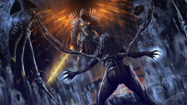 A dark armored figure faces a glowing hooded warrior in a fiery confrontation, HD PC Wallpaper