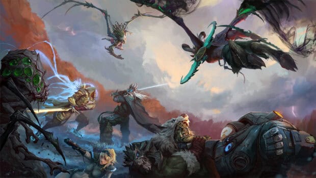 Heroes of the Storm characters fight fiercely in a dramatic landscape, 4K Desktop Wallpaper