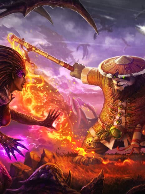 A powerful panda warrior confronts a fiery magical enemy in Heroes Of The Storm Wallpapers, HD Mobile Wallpaper
