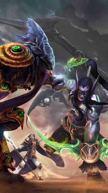 The image shows warriors from Heroes of the Storm engaged in an intense battle with magical weapons, HD Mobile Wallpaper