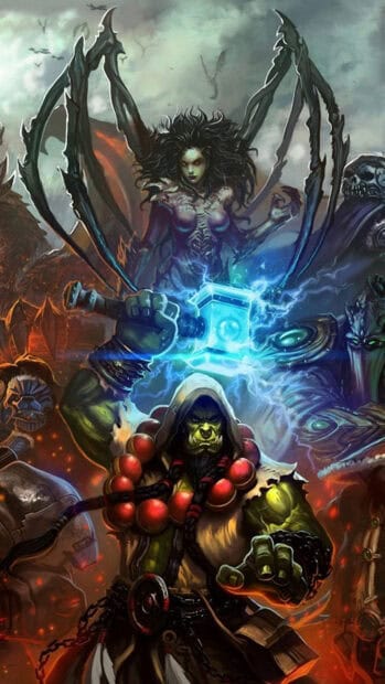 A powerful orc warrior holds a glowing hammer while a spider like female character looms behind in Heroes Of The Storm Wallpapers, HD Phone Wallpaper