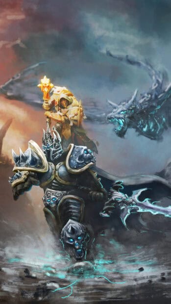 A powerful armored warrior and a mage face a spectral dragon in battle, 2K Mobile Wallpaper