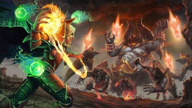 A fiery battle scene from Heroes of the Storm with magic and demonic creatures, HD Desktop Wallpaper