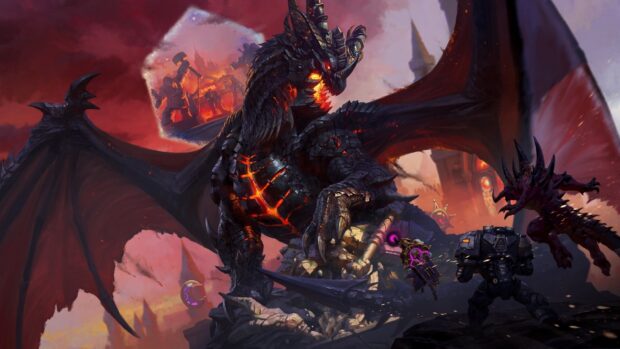 A fiery dragon faces heroes in an epic Heroes Of The Storm battle scene, HD Desktop Wallpaper