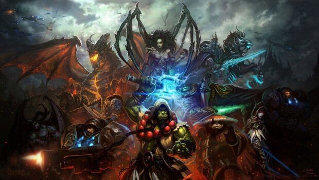 Various heroes from Heroes of the Storm are gathered in a dramatic dark setting, HD Desktop Wallpaper
