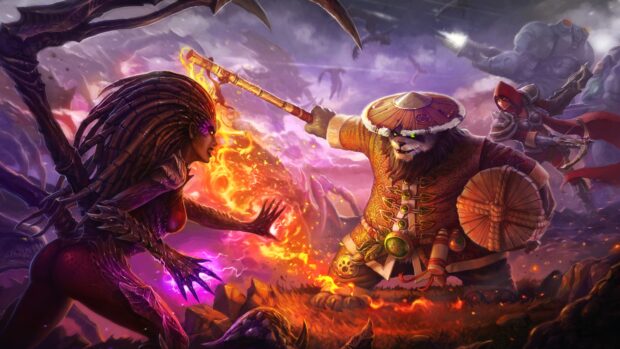 A fierce battle scene featuring Heroes of the Storm characters with magic and melee weapons, 4K Desktop Wallpaper
