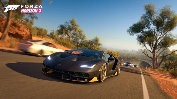 A sleek racing car speeds along a scenic desert road with other cars in a thrilling chase, Racing Game Wallpapers, 4K Desktop Wallpaper