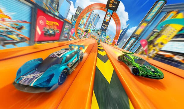 Two Hot Wheels cars racing on an orange track with city buildings in the background, HD Desktop Wallpaper