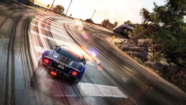 A police car drifts around a sharp corner in a racing game with dust and skid marks, HD Desktop Wallpaper