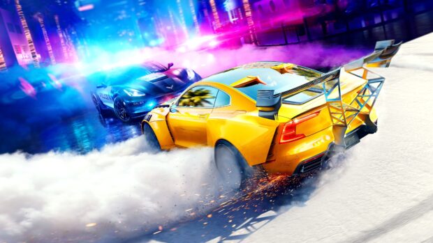 A yellow sports car drifts aggressively while a police car chases in a racing game wallpapers scene, 4K Desktop Wallpaper