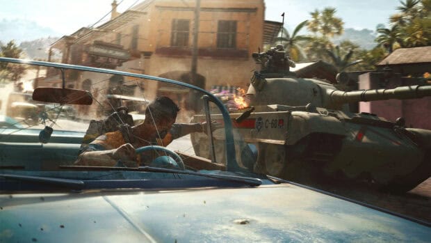 A man driving a car narrowly escaping a tank firing in a city street scene from Far Cry 6 Wallpapers, HD Desktop Wallpaper