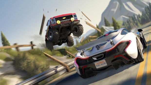 A high speed race clash with a sports car and an off road truck, HD Desktop Wallpaper