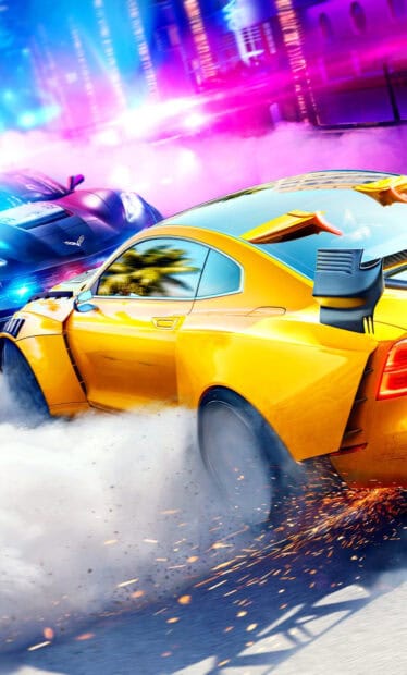 A yellow sports car drifts sharply while sparks fly and smoke rises in a racing game, HD Phone Wallpaper