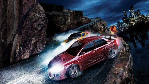 Red and yellow cars drifting on a mountain road in a racing game, 4K Desktop Wallpaper