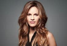 Hilary Swank looks directly at the camera with styled wavy hair, HD Desktop Wallpaper