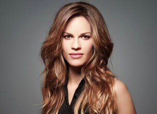 Hilary Swank looks directly at the camera with styled wavy hair, HD Desktop Wallpaper