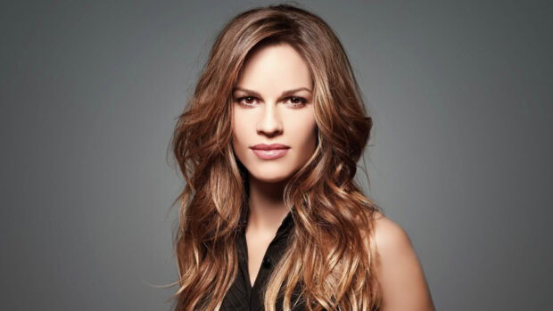 Hilary Swank looks directly at the camera with styled wavy hair, HD Desktop Wallpaper