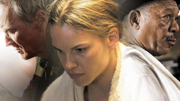 Hilary Swank is shown in a focused and intense moment with two other characters, HD Desktop Wallpaper