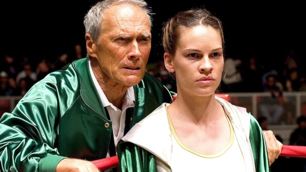 Hilary Swank faces a serious moment with a mentor in a boxing ring, HD Desktop Wallpaper