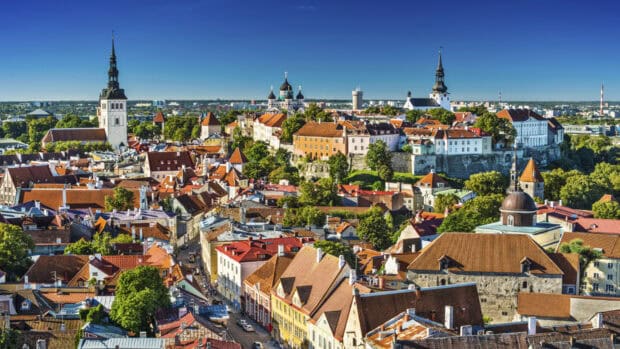 A panoramic view of Tallinn city with old architecture and spires in Estonia wallpapers, HD Desktop Wallpaper