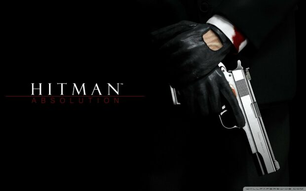 A Hitman game character holds a pistol covered by a black glove and blood stains on the wrist, HD Desktop Wallpaper