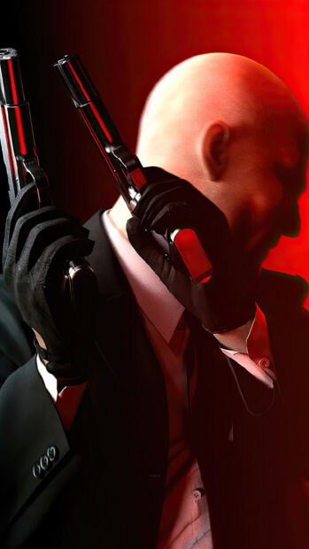 A bald assassin holds two guns in a dark suit against a red background in Hitman Game 4K, HD Mobile Wallpaper