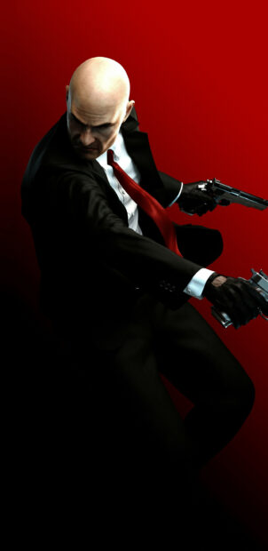 A hitman game character aiming weapons with a focused expression on a red background, 2K Mobile Wallpaper