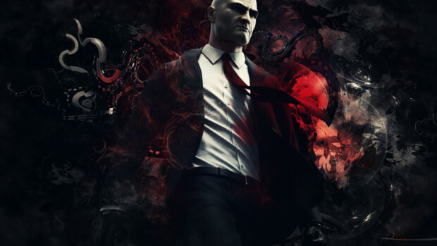 A serious Hitman Game Wallpapers 4K character stands with a red tie against a dark abstract background, HD Desktop Wallpaper