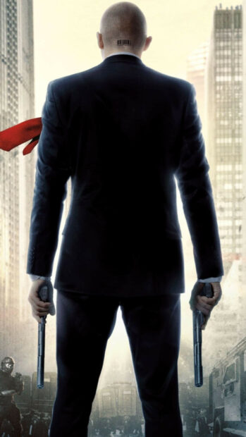 A bald man with a barcode on his neck holds guns in both hands in a cityscape setting, HD Mobile Wallpaper