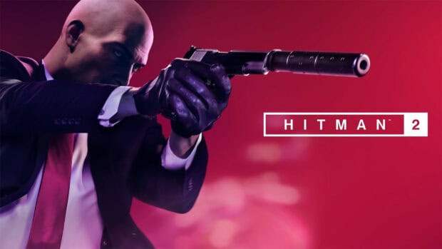 A bald agent aims a silenced pistol in a red background from Hitman Game Wallpapers 4K, HD Desktop Wallpaper