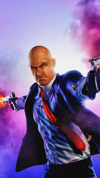 The Hitman character aims dual guns in an intense action scene with vibrant colors, HD Mobile Wallpaper