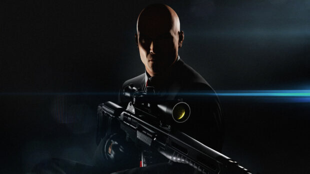 A Hitman game character holds a sniper rifle in a dark setting with focused lighting on his face, 4K Desktop Wallpaper