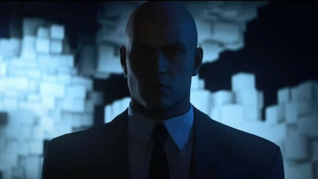 A Hitman Game Wallpapers 4K character is shown in a shadowy environment with floating cubes, HD Desktop Wallpaper