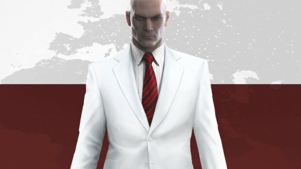 The Hitman character stands confidently in a white suit wearing a red tie, HD Desktop Wallpaper