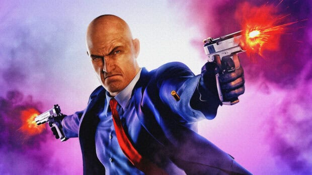 Hitman Game Wallpapers featuring Agent 47 firing guns with intense expression, 4K Desktop Wallpaper