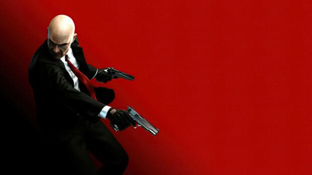 The Hitman game agent is aiming with two pistols over a red background, 4K Desktop Wallpaper