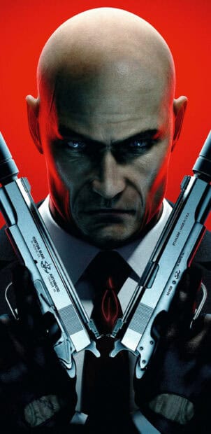 The Hitman game character holds two silver pistols against a red background, 2K Mobile Wallpaper