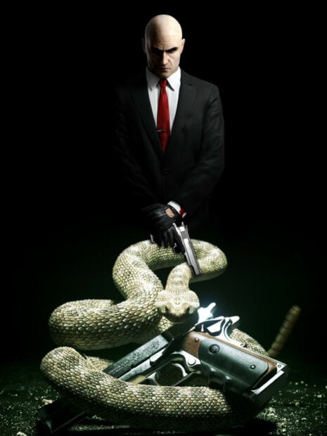 A Hitman game character stands over a snake wrapped around a handgun, HD Desktop Wallpaper