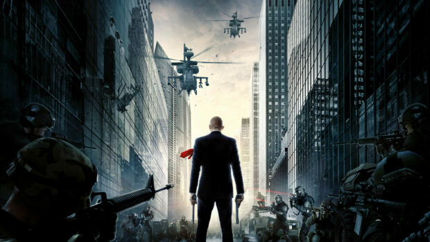 A man facing armed soldiers and helicopters in a tense city battle scene from Hitman Game Wallpapers 4K, HD Desktop Wallpaper